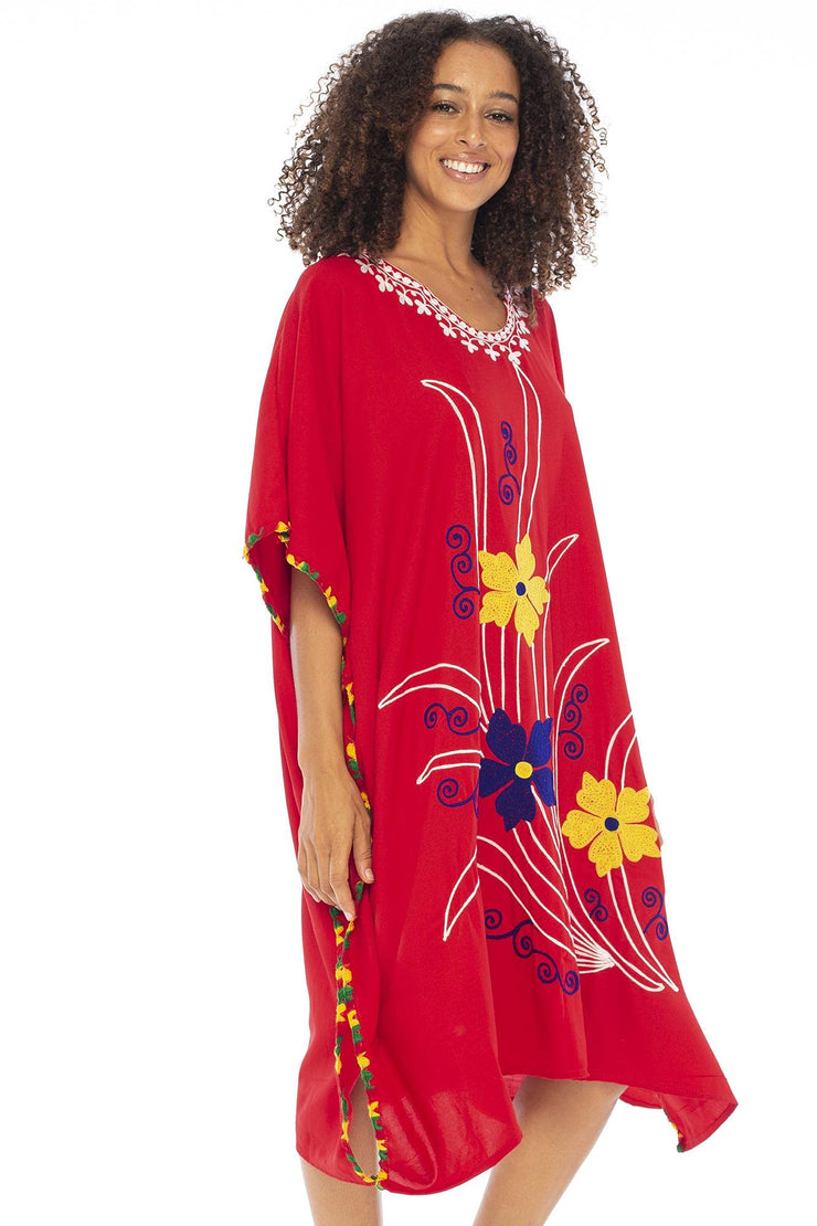 Womens Short Kaftan Boho Floral Embroidered Tunic Poncho Beach Dress Loungewear Swimsuit Cover Up