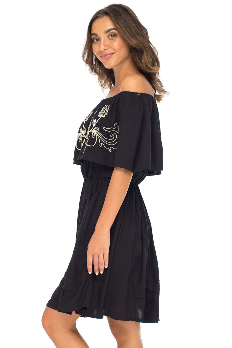 Womens Off Shoulder Boho Embroidered Dress Short Ruffle Beach Sundress