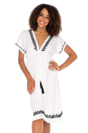 Womens Boho V Neck Beach Dress Loose Fit Casual Embroidered Tunic Sundress Swimsuit Cover Up