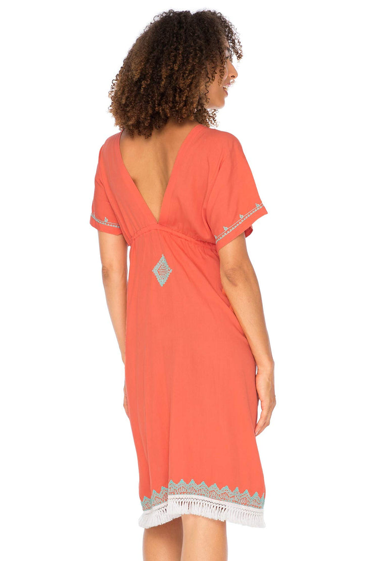 Womens Boho V Neck Beach Dress Loose Fit Casual Embroidered Tunic Sundress Swimsuit Cover Up