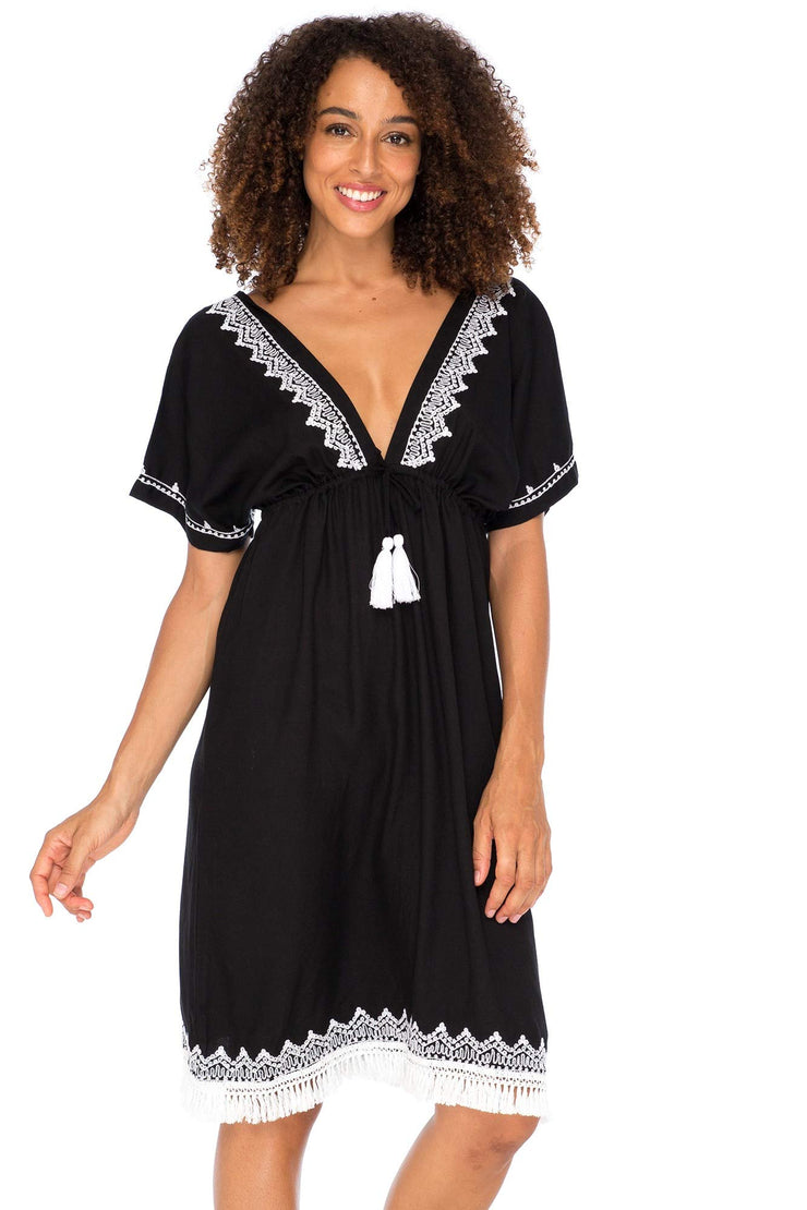 Womens Boho V Neck Beach Dress Loose Fit Casual Embroidered Tunic Sundress Swimsuit Cover Up