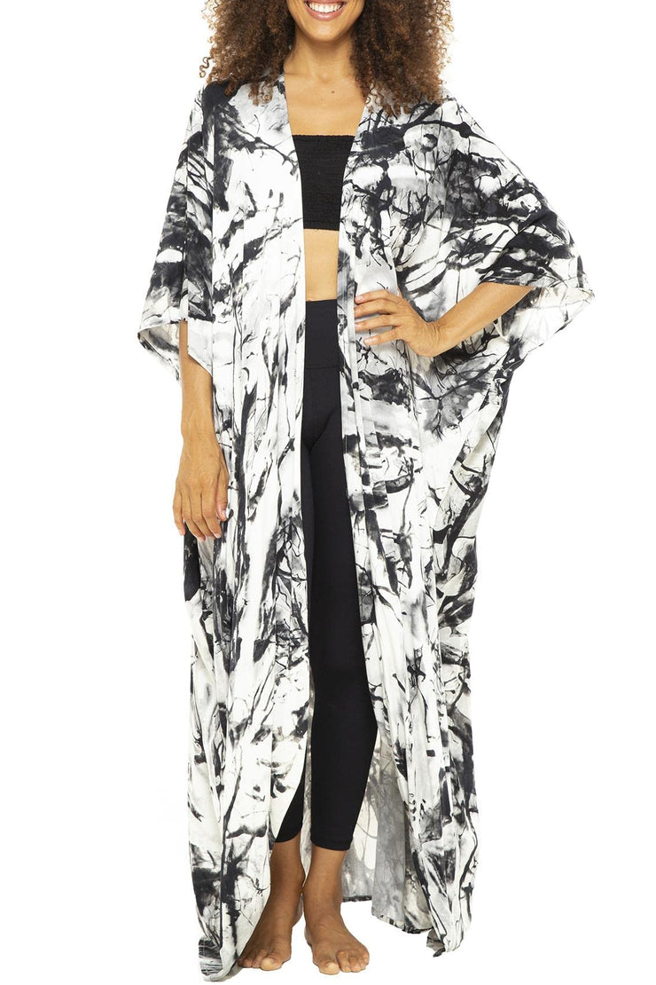 Womens Long Kimono Cardigan Open Front Boho Tie Dye Rayon Beach Swimsuit Cover Up