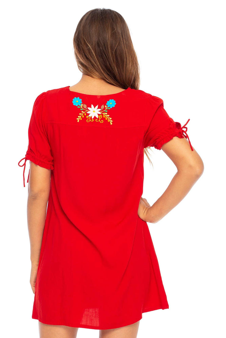 Womens Mexican Embroidered Dress Short Casual Boho Summer Tunic Shift Red Floral Swimsuit Cover Up Rayon