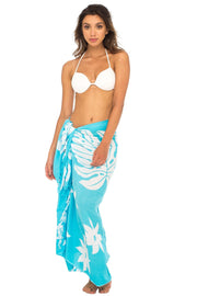 Womens Sarong Swimsuit Cover Up Floral Beach Wear Bikini Wrap Skirt with Coconut Clip Leaf Floral Turquoise