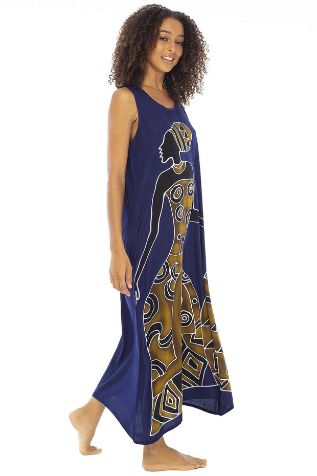 Back From Bali Womens Long African Print Maxi Dress Swimsuit Cover Up Loose Sleeveless Beach Kaftan with Pockets Rayon