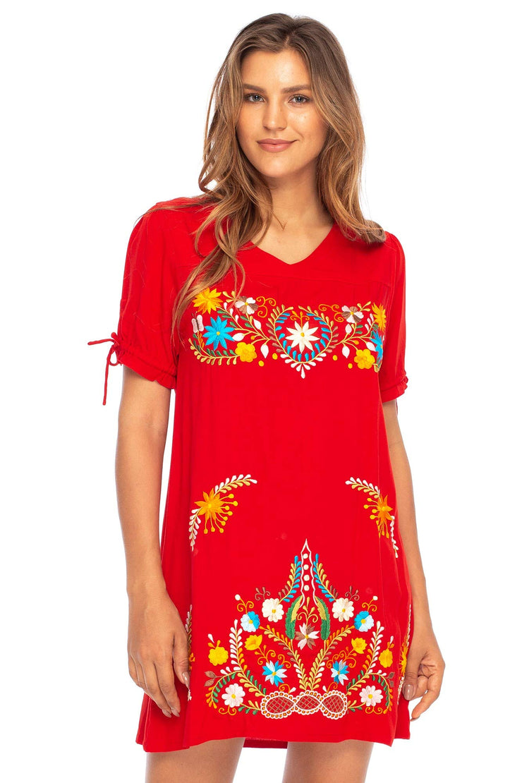 Womens Mexican Embroidered Dress Short Casual Boho Summer Tunic Shift Red Floral Swimsuit Cover Up Rayon