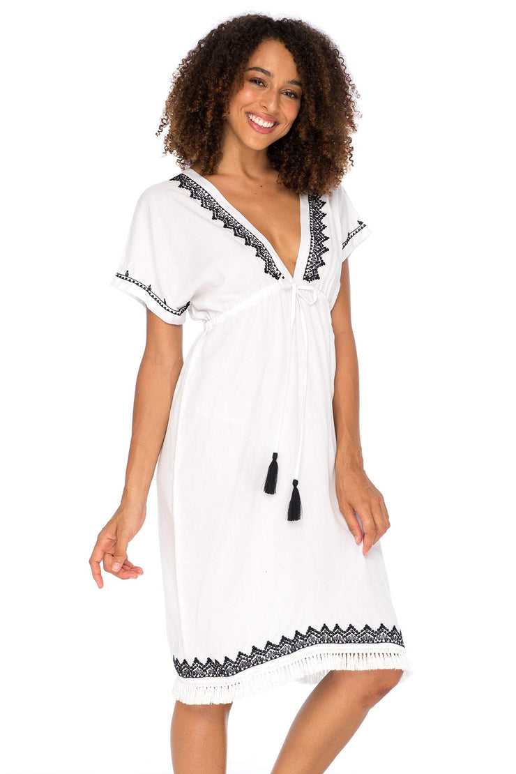 Womens Boho V Neck Beach Dress Loose Fit Casual Embroidered Tunic Sundress Swimsuit Cover Up