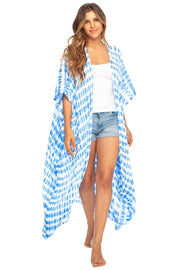 Back From Bali Womens Tie Dye Long Beach Kimono Cardigan Bathing Suit Swimsuit Cover Up Open Front Duster Boho Rayon