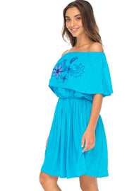 Womens Off Shoulder Boho Embroidered Dress Short Ruffle Beach Sundress