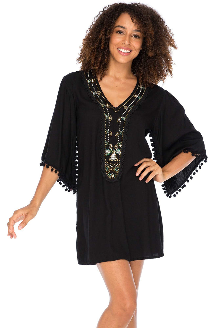Womens Boho Beaded Loose Fit Tunic Dress V-Neck Top Cape Sleeves Bohemian Loose Swimsuit Cover Up