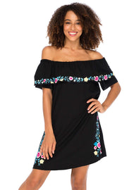 Womens Off Shoulder Embroidered Tunic Dress Boho Short Ruffle Beach Sundress