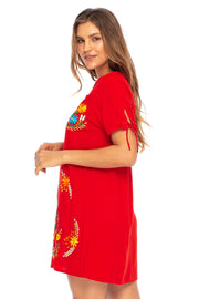 Womens Mexican Embroidered Dress Short Casual Boho Summer Tunic Shift Red Floral Swimsuit Cover Up Rayon