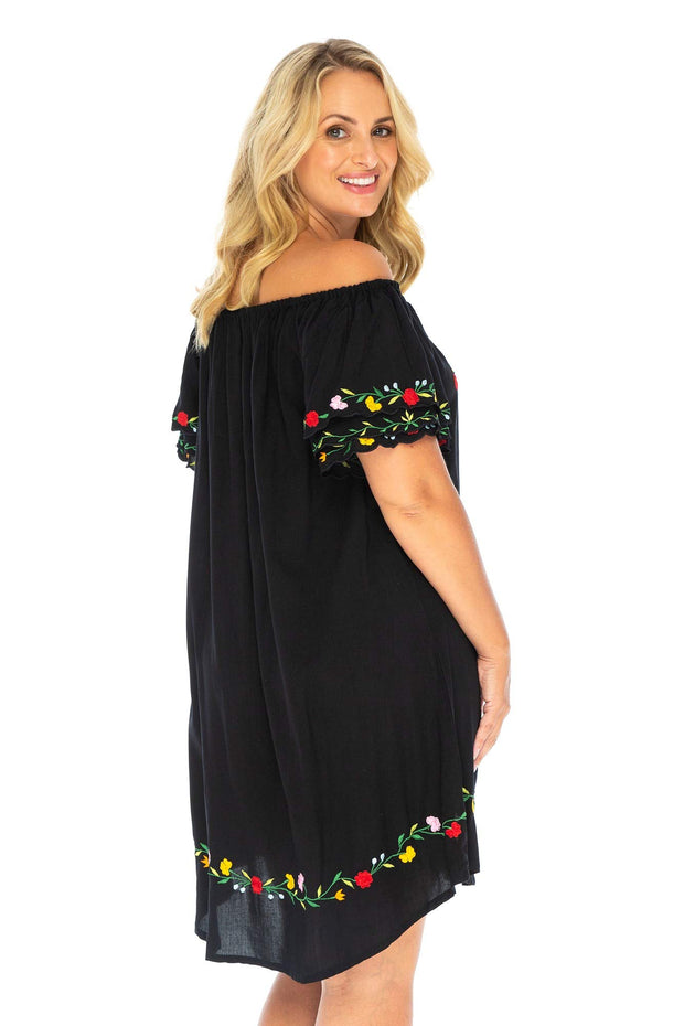 Back from Bali Womens Mexican Embroidered Dress Plus Size Boho Tunic Swimsuit Cover Up Casual Short Floral Shift Rayon