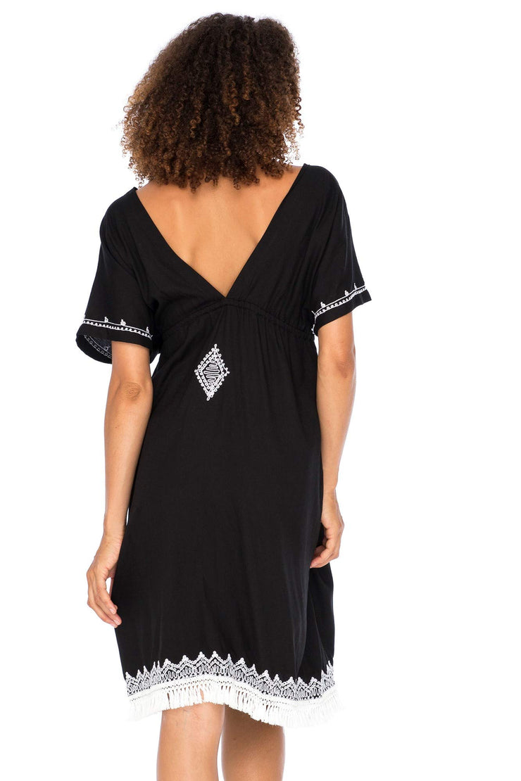 Womens Boho V Neck Beach Dress Loose Fit Casual Embroidered Tunic Sundress Swimsuit Cover Up