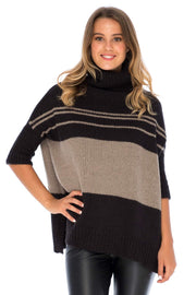Womens Turtleneck Loose Fit Tunic Sweater ¾ Sleeve Oversized Black Knit Striped Pullover Top