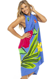 Womens Sarong Wrap Beach Swimsuit Cover Up Hand Painted Hibiscus with Coconut Clip