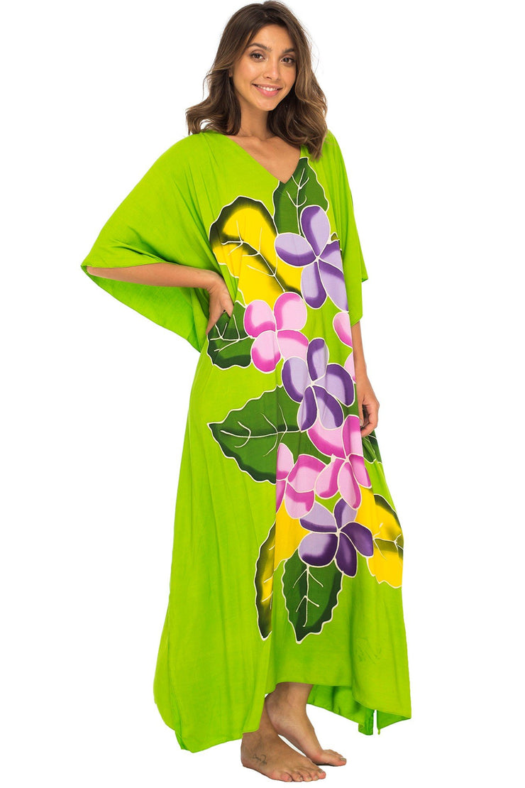 Womens Long Maxi Beach Cover Up Caftan, Frangipani Floral Dress, Summer Beach Poncho