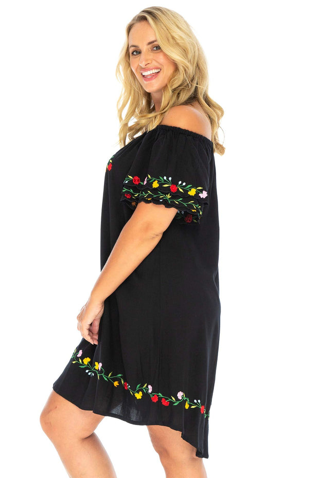 Back from Bali Womens Mexican Embroidered Dress Plus Size Boho Tunic Swimsuit Cover Up Casual Short Floral Shift Rayon