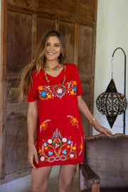 Womens Mexican Embroidered Dress Short Casual Boho Summer Tunic Shift Red Floral Swimsuit Cover Up Rayon