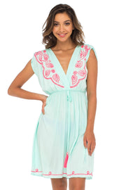 Womens Dress Boho Embroidered Sleeveless Summer Sundress Deep V Neck Midi Short Dress
