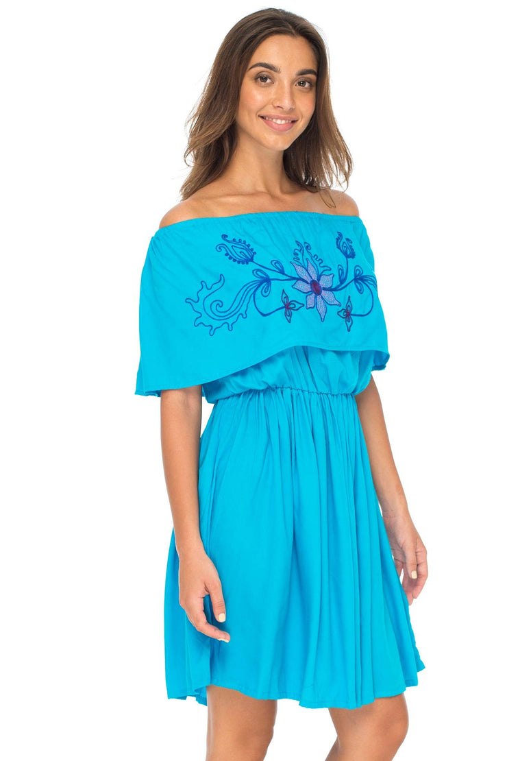 Womens Off Shoulder Boho Embroidered Dress Short Ruffle Beach Sundress