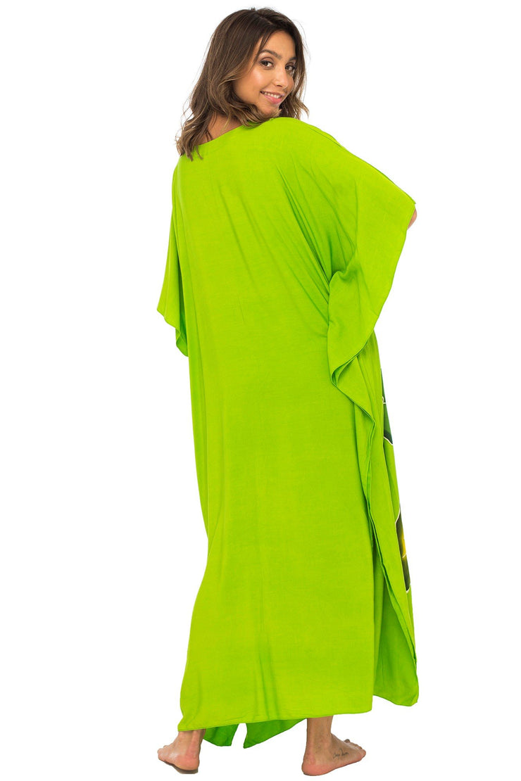 Womens Long Maxi Beach Cover Up Caftan, Frangipani Floral Dress, Summer Beach Poncho