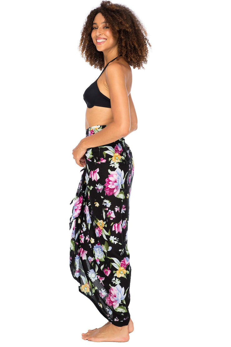 Womens Sarong Swimsuit Cover Up Floral Print Beach Wear Bikini Wrap Skirt with Coconut Clip
