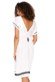 Womens Boho V Neck Beach Dress Loose Fit Casual Embroidered Tunic Sundress Swimsuit Cover Up