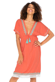 Womens Boho V Neck Beach Dress Loose Fit Casual Embroidered Tunic Sundress Swimsuit Cover Up