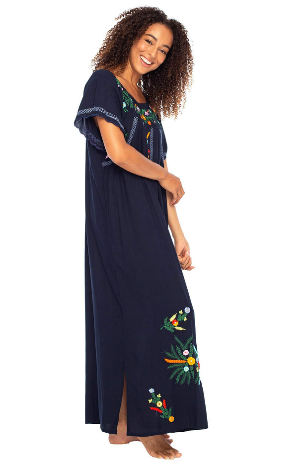 Womens Long Mexican Embroidered Dress Maxi Boho Floral Summer Short Sleeve Kaftan Rayon