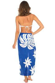 Womens Sarong Swimsuit Cover Up Floral Beach Wear Bikini Wrap Skirt with Coconut Clip Leaf Floral Blue