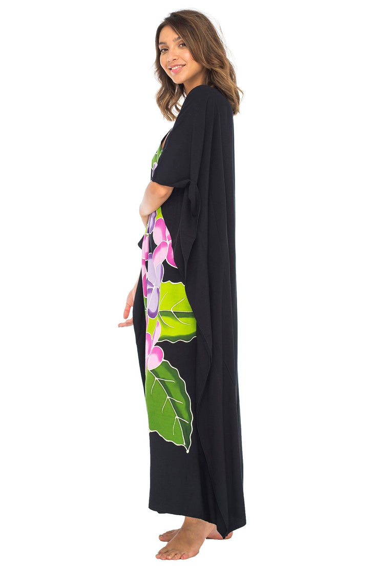 Womens Long Maxi Beach Cover Up Caftan, Frangipani Floral Dress, Summer Beach Poncho