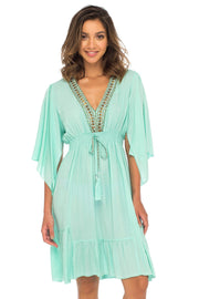Womens Short Sundress Flowy Boho Beach Dress with Beaded Deep V Neck, Casual Sexy Summer Party Dress