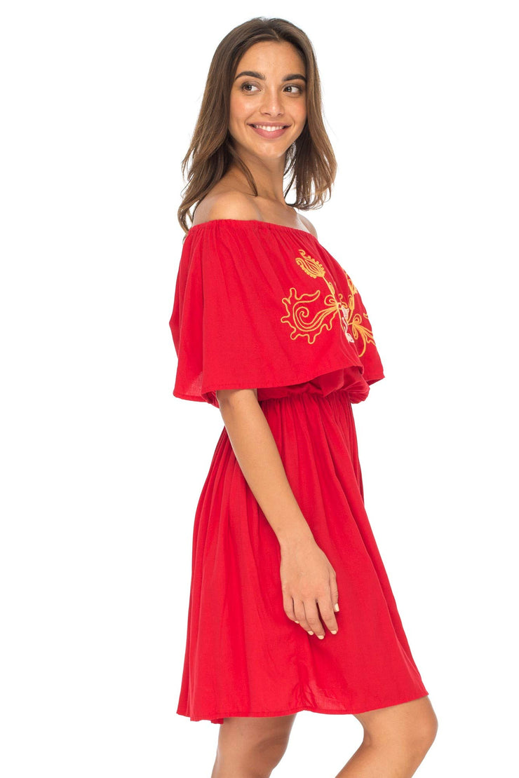 Womens Off Shoulder Boho Embroidered Dress Short Ruffle Beach Sundress
