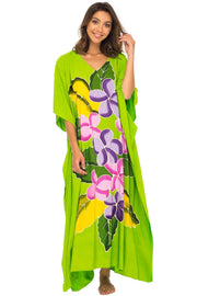 Womens Long Maxi Beach Cover Up Caftan, Frangipani Floral Dress, Summer Beach Poncho