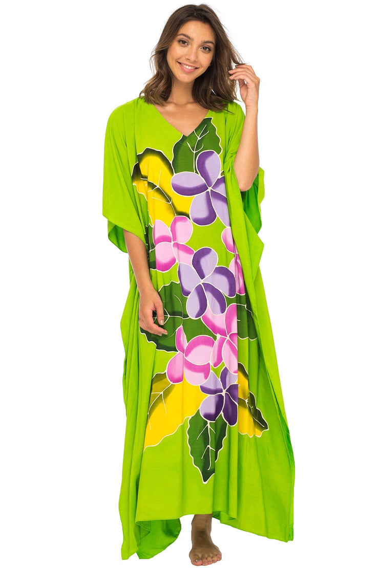 Womens Long Maxi Beach Cover Up Caftan, Frangipani Floral Dress, Summer Beach Poncho