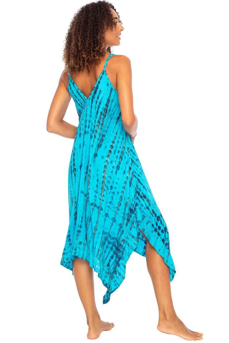 Back From Bali Womens Boho Summer Beach Dress Tie Dye Swimsuit Bathing Suit Cover Up Spaghetti Strap V-Neck Rayon