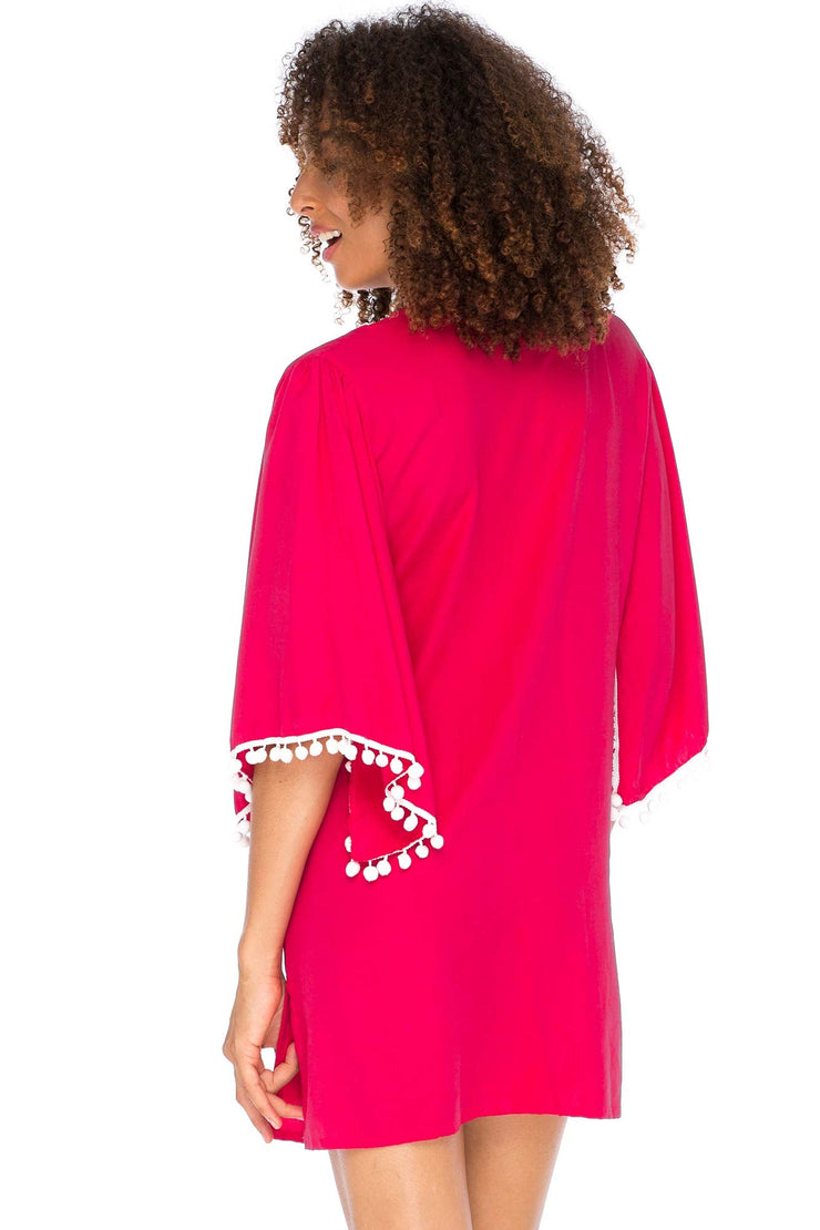 Womens Boho Beaded Loose Fit Tunic Dress V-Neck Top Cape Sleeves Bohemian Loose Swimsuit Cover Up