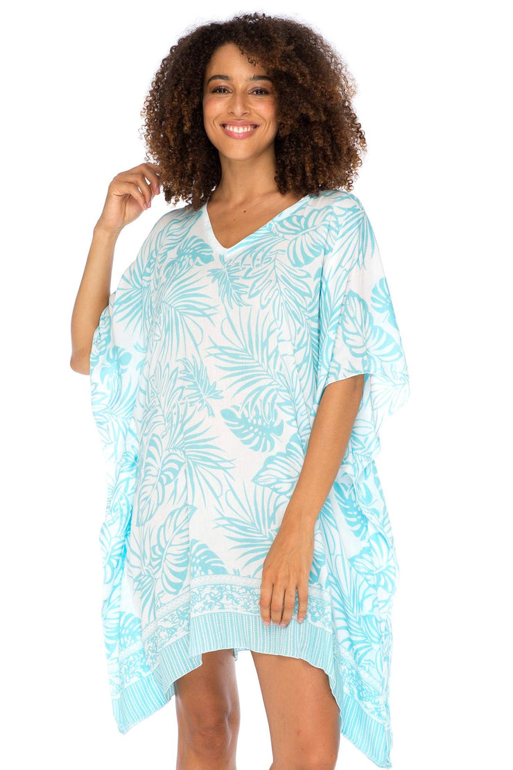 Womens Boho Swimsuit Cover Up Beach Dress Tunic Top Bohemian Leaf Print Short Kaftan