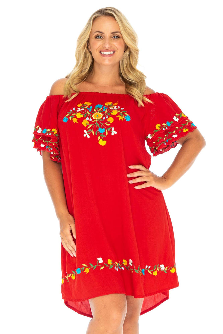 Back from Bali Womens Mexican Embroidered Dress Plus Size Boho Tunic Swimsuit Cover Up Casual Short Floral Shift Rayon