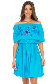 Womens Off Shoulder Boho Embroidered Dress Short Ruffle Beach Sundress