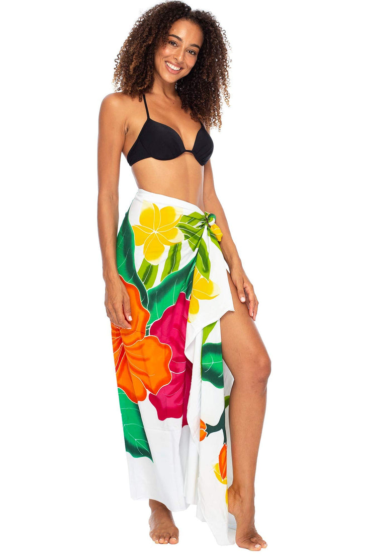 Womens Sarong Wrap Beach Swimsuit Cover Up Hand Painted Hibiscus with Coconut Clip