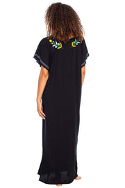 Womens Long Mexican Embroidered Dress Maxi Boho Floral Summer Short Sleeve Kaftan Rayon