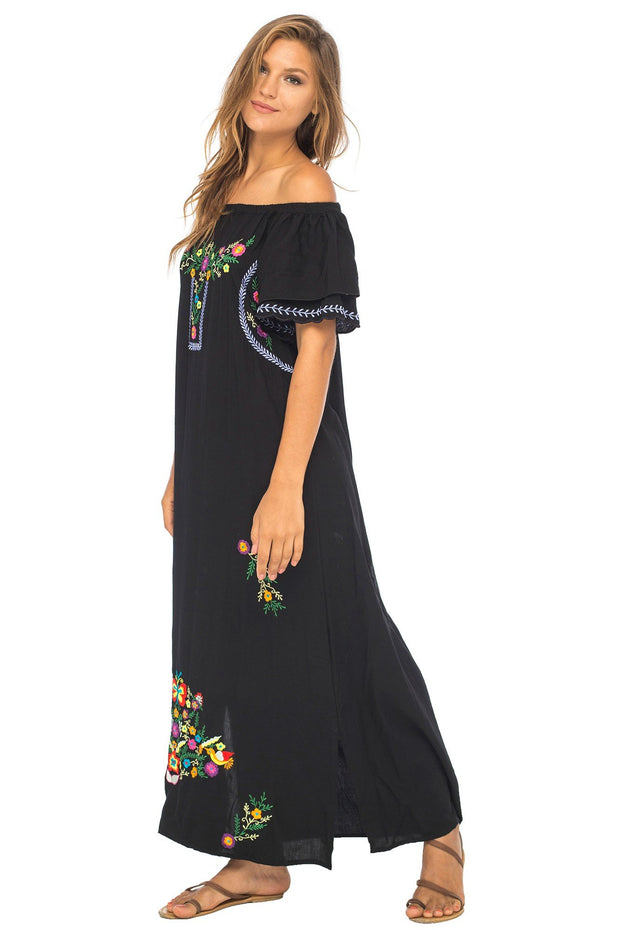 Womens Long Mexican Embroidered Dress, Maxi Long Summer Peasant Dresses for Women Off The Shoulder