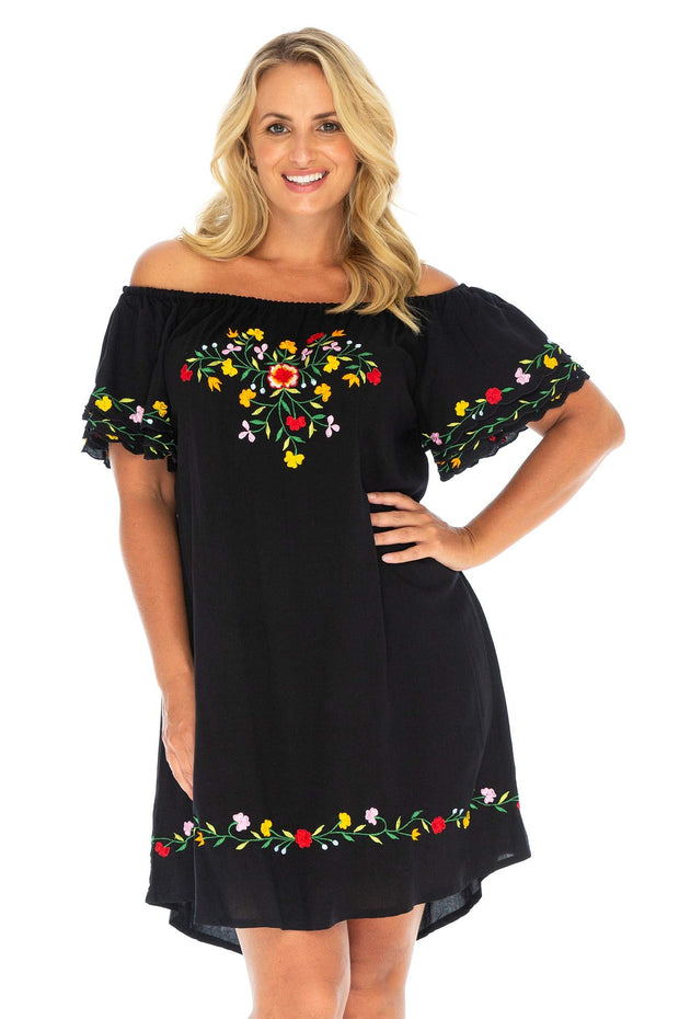 Back from Bali Womens Mexican Embroidered Dress Plus Size Boho Tunic Swimsuit Cover Up Casual Short Floral Shift Rayon