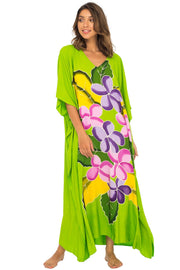 Womens Long Maxi Beach Cover Up Caftan, Frangipani Floral Dress, Summer Beach Poncho