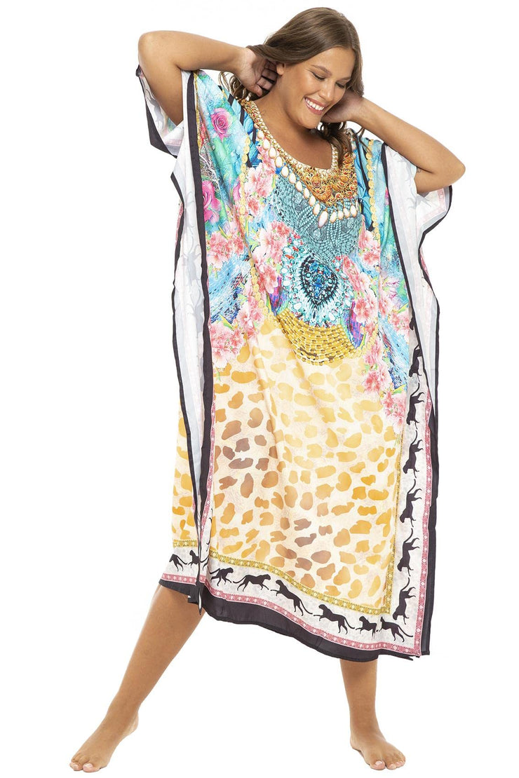 Womens Plus Size Print Kaftan Long Casual Boho Maxi Dress Beach Caftan Swimsuit Cover Up