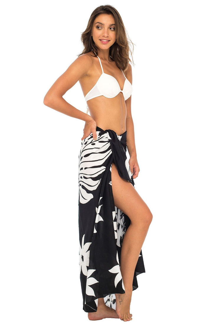 Womens Sarong Swimsuit Cover Up Floral Beach Wear Bikini Wrap Skirt with Coconut Clip Leaf Floral Black