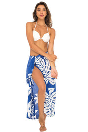 Womens Sarong Swimsuit Cover Up Floral Beach Wear Bikini Wrap Skirt with Coconut Clip Leaf Floral Blue