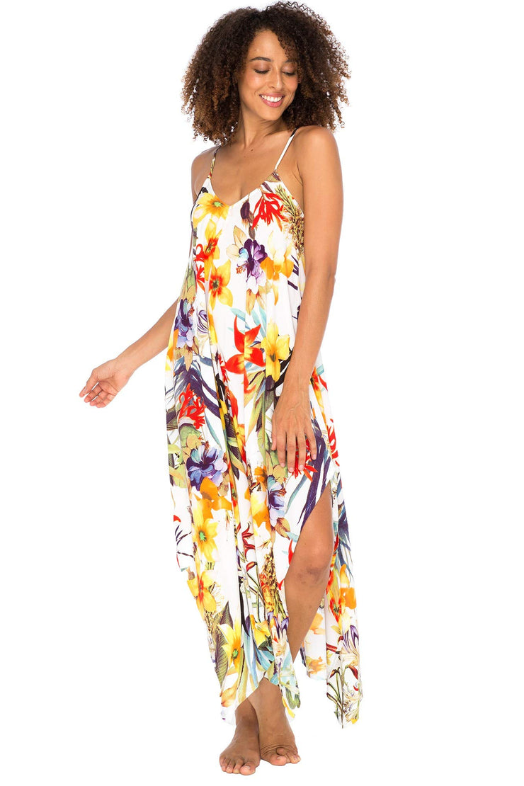 Womens Sleeveless Floral Summer Maxi Dress, Spaghetti Straps Long Casual Boho Sexy Beach Cover Up